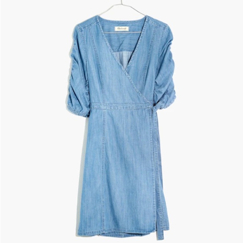 Madewell Denim Shirred-Sleeve Wrap Dress in Elsworth Wash (Size: Small)